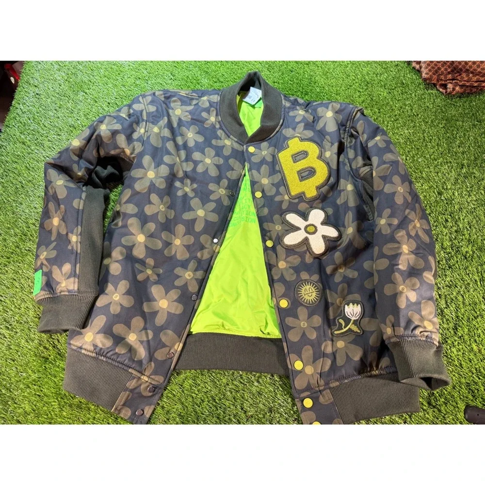 CashApp Bomber Jacket Floral‎ Print Neon Green Lining Patches Graphic xxl